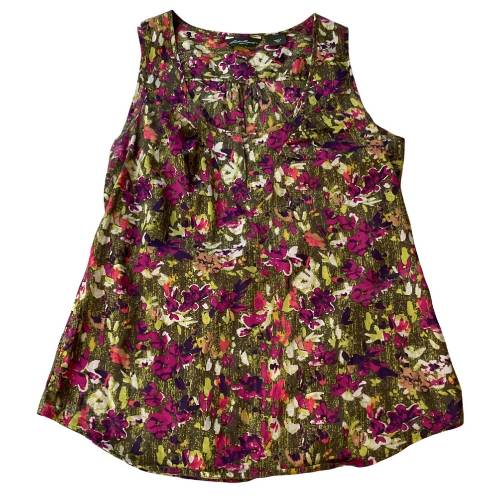 Eddie Bauer Womens Floral Sleeveless Blouse Olive Magenta Split Neck Top Size S